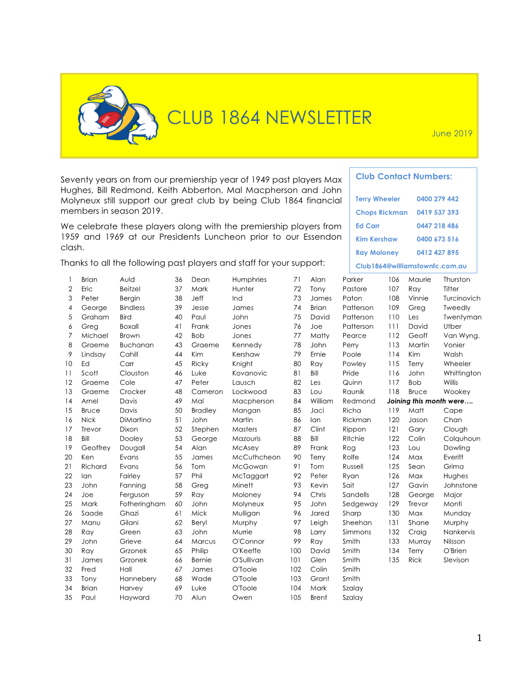 CLUB 1864 NEWSLETTER June 2019