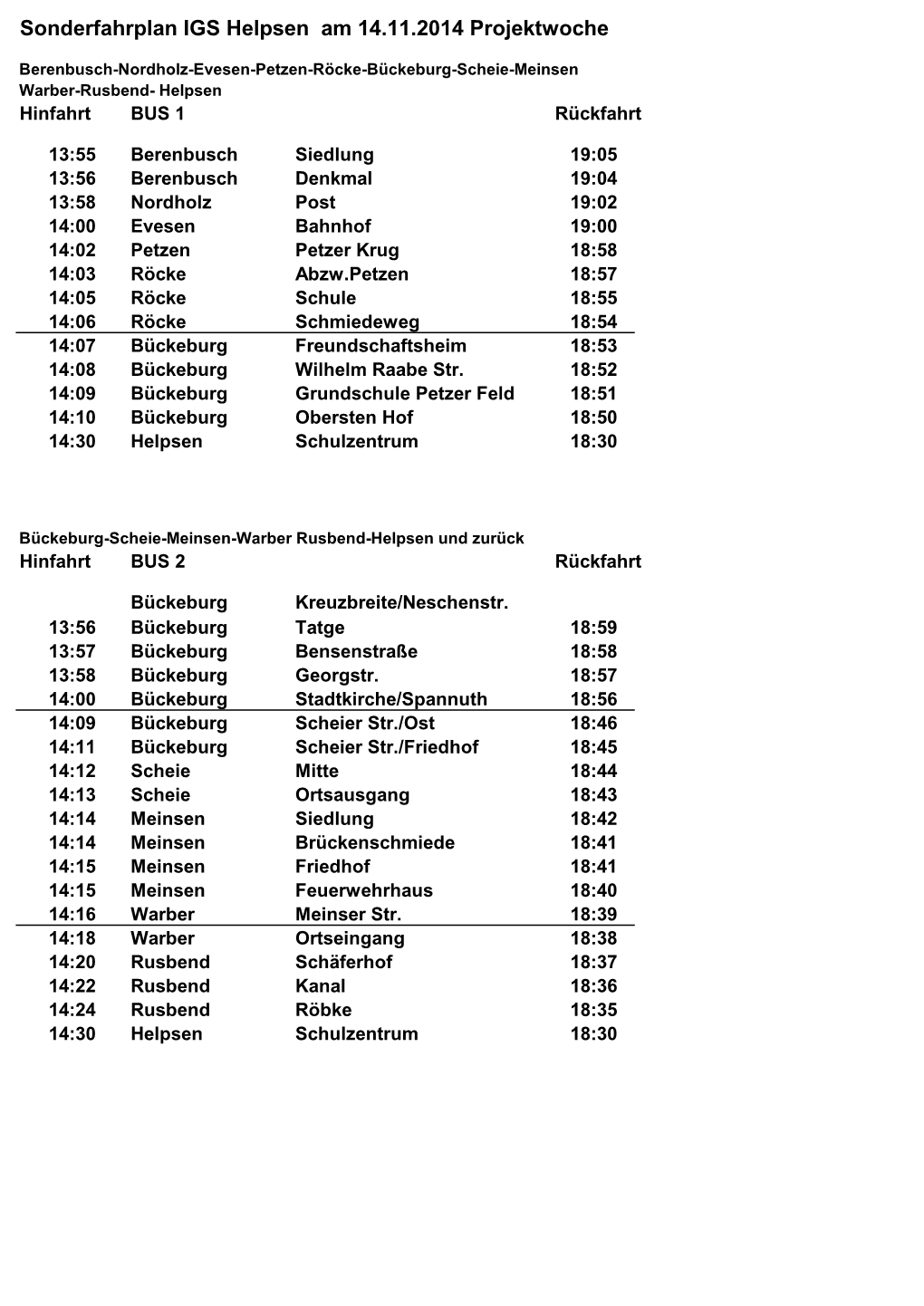 Sonderfahrplan IGS Helpsen Am 14.11.2014 Projektwoche