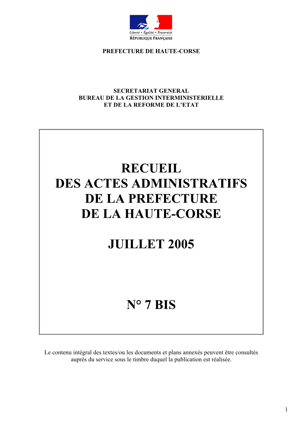 Recueil Des Actes Administratifs De La Prefecture De La Haute-Corse Juillet