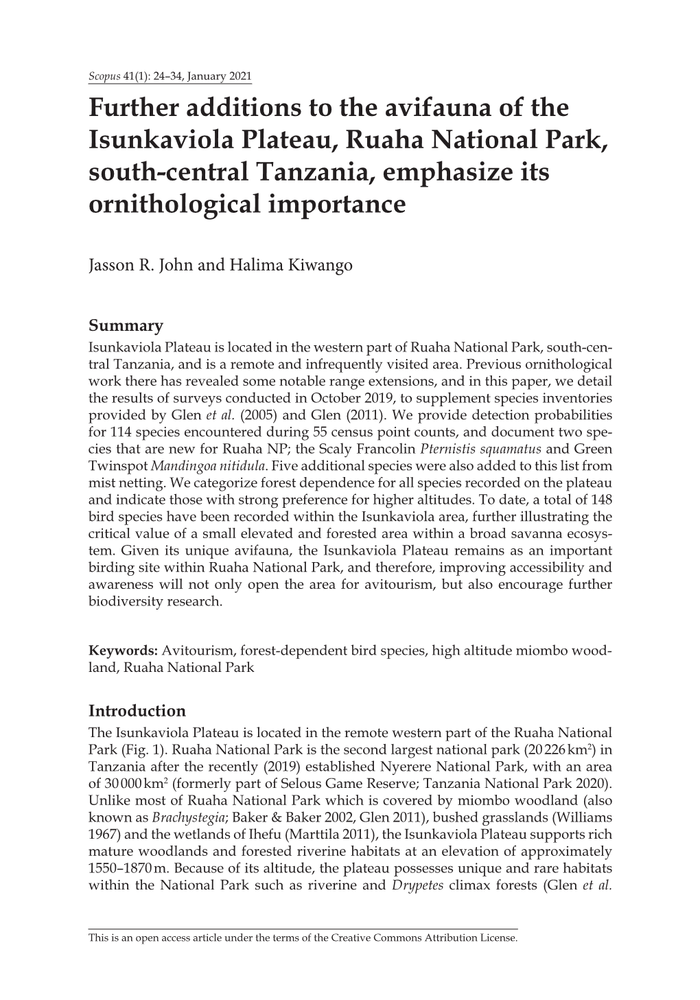 Further Additions to the Avifauna of the Isunkaviola Plateau, Ruaha National Park, South-Central Tanzania, Emphasize Its Ornithological Importance