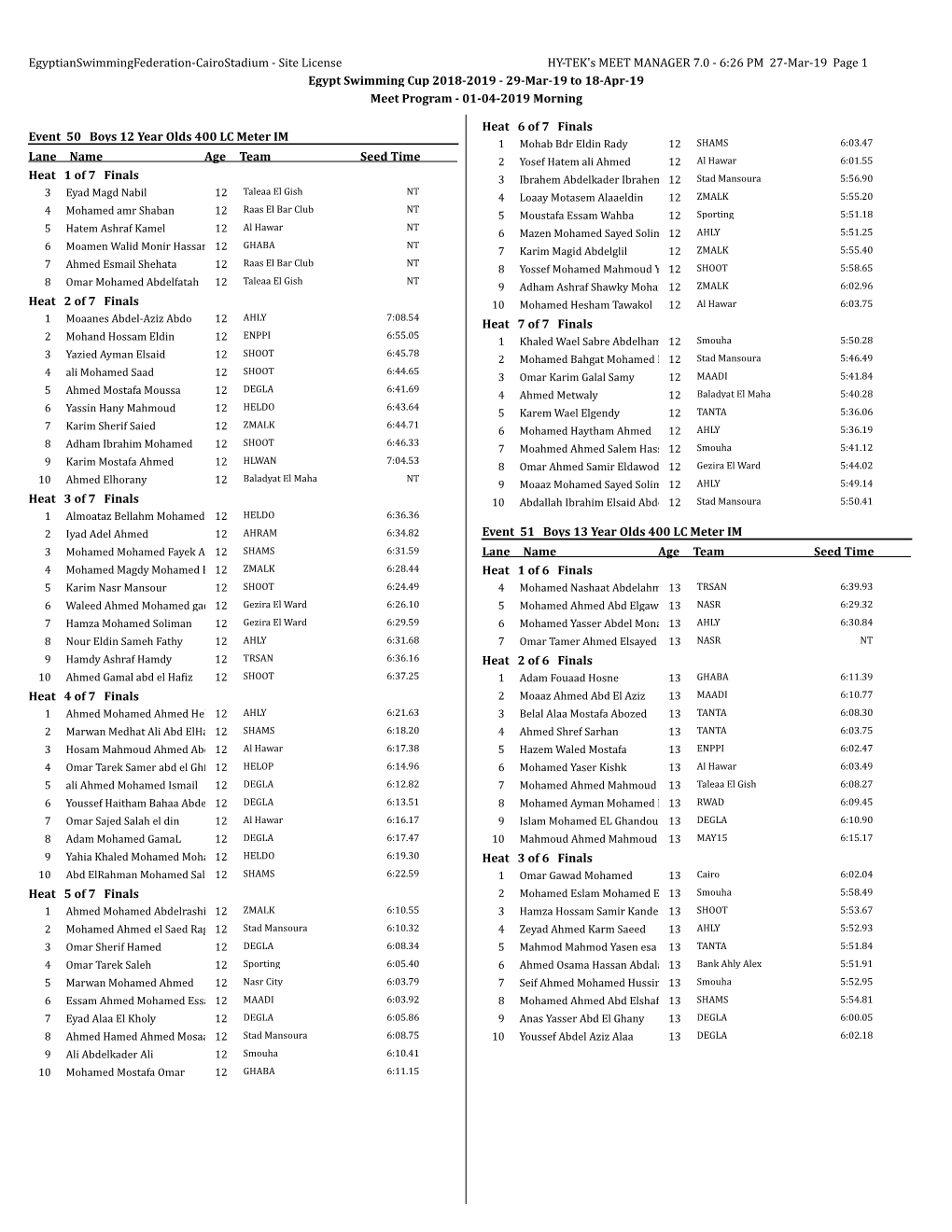 6:26 PM 27-Mar-19 Page 1 Egypt Swimming Cup 2018-2019 - 29-Mar-19 to 18-Apr-19 Meet Program - 01-04-2019 Morning