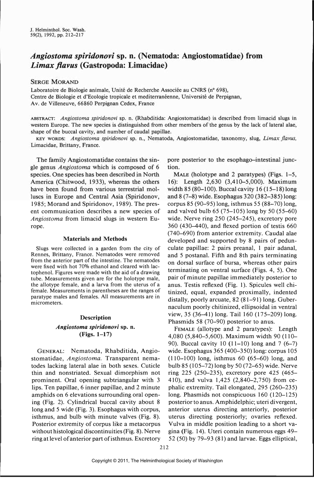 Angiostoma Spiridonovi Sp. N. (Nematoda: Angiostomatidae) from Limaxflavus (Gastropoda: Limacidae)