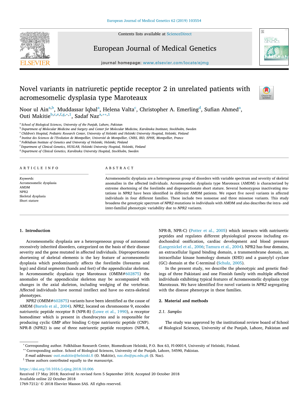 Novel Variants in Natriuretic Peptide Receptor 2 in Unrelated Patients With