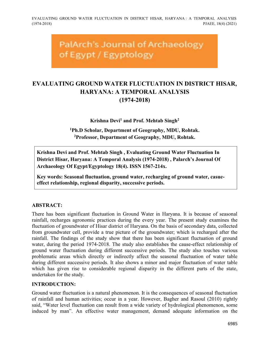 Evaluating Ground Water Fluctuation in District Hisar, Haryana: a Temporal Analysis (1974-2018)