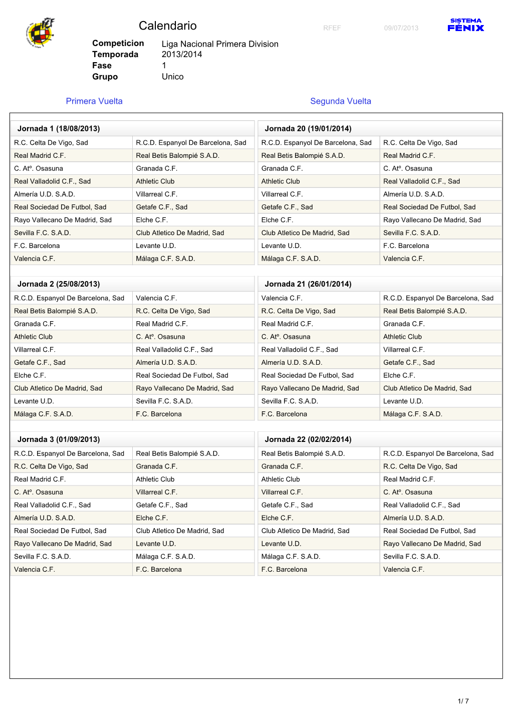 Calendario RFEF 09/07/2013 Competicion Liga Nacional Primera Division Temporada 2013/2014 Fase 1 Grupo Unico