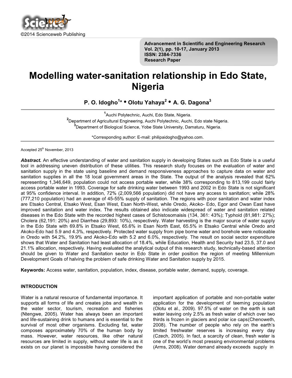 Modelling Water-Sanitation Relationship in Edo State, Nigeria
