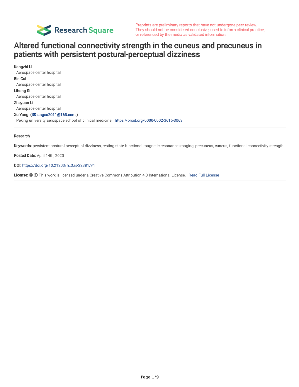 Altered Functional Connectivity Strength in the Cuneus and Precuneus in Patients with Persistent Postural-Perceptual Dizziness