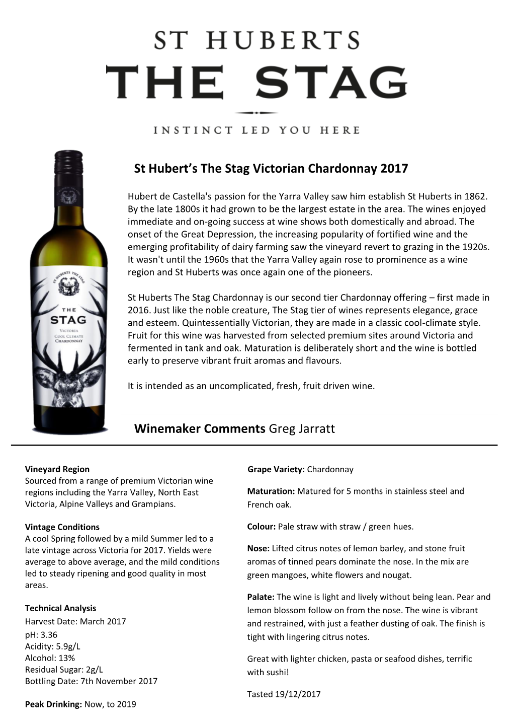 St Hubert's the Stag Victorian Chardonnay 2017 Winemaker