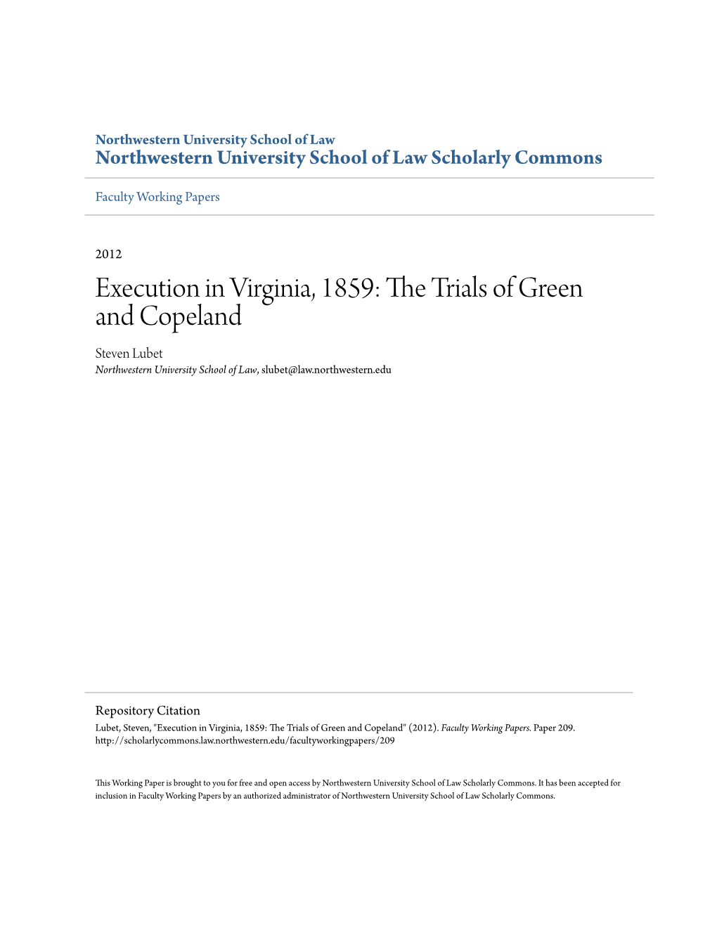 Execution in Virginia, 1859: the Trials of Green and Copeland