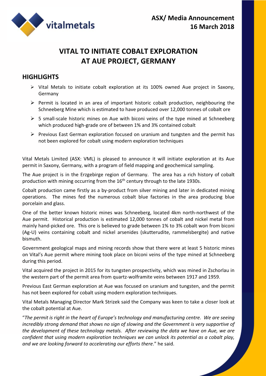 Vital to Initiate Cobalt Exploration at Aue Project, Germany