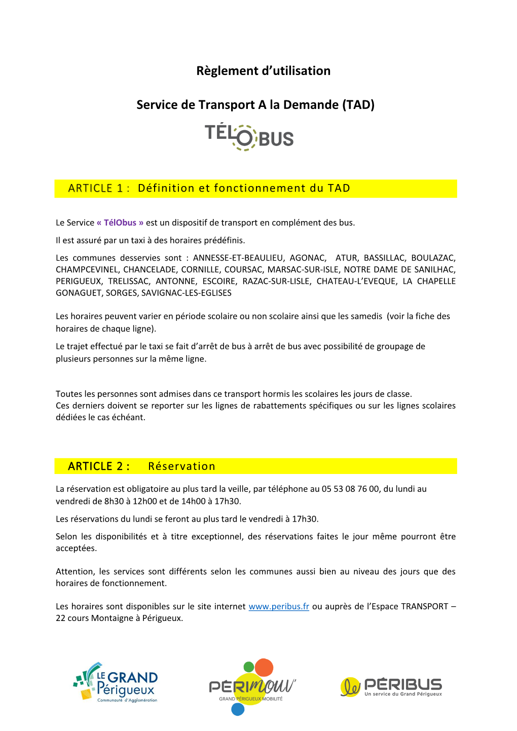 Règlement D'utilisation Service De Transport a La Demande (TAD)