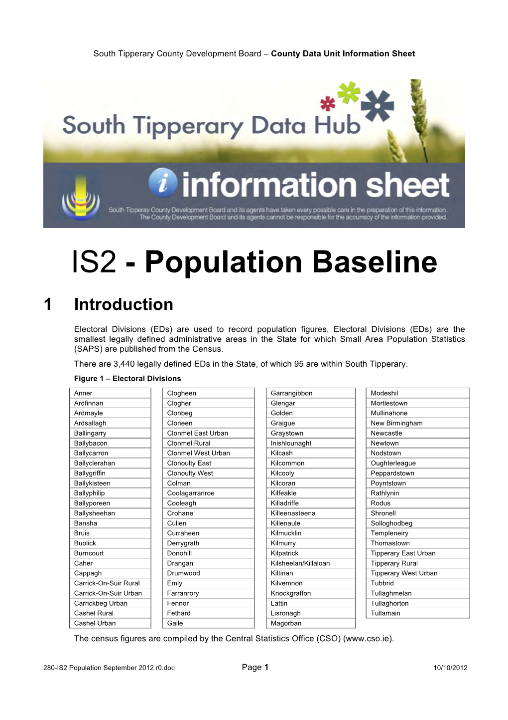 280-IS2 Population September 2012 R0.Doc Page 1 10/10/2012 South Tipperary County Development Board – County Data Unit Information Sheet