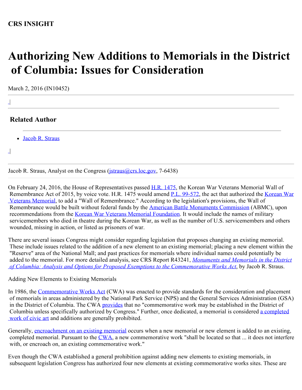 Authorizing New Additions to Memorials in the District of Columbia: Issues for Consideration