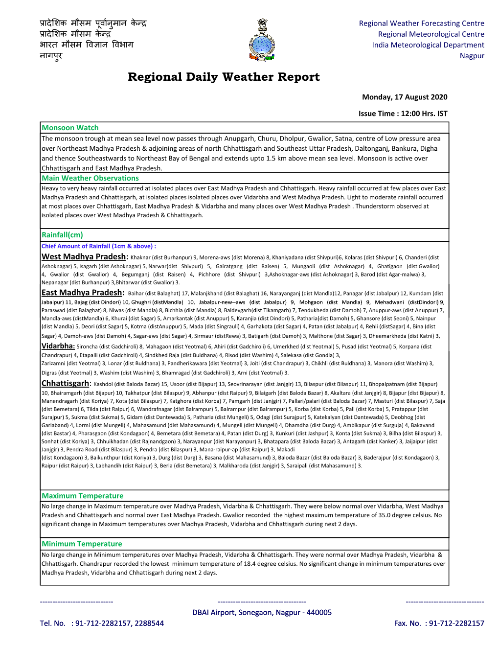 Regional Daily Weather Report