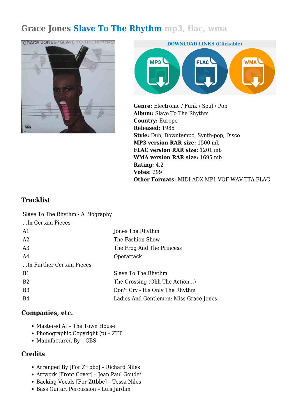 Grace Jones Slave to the Rhythm Mp3, Flac, Wma