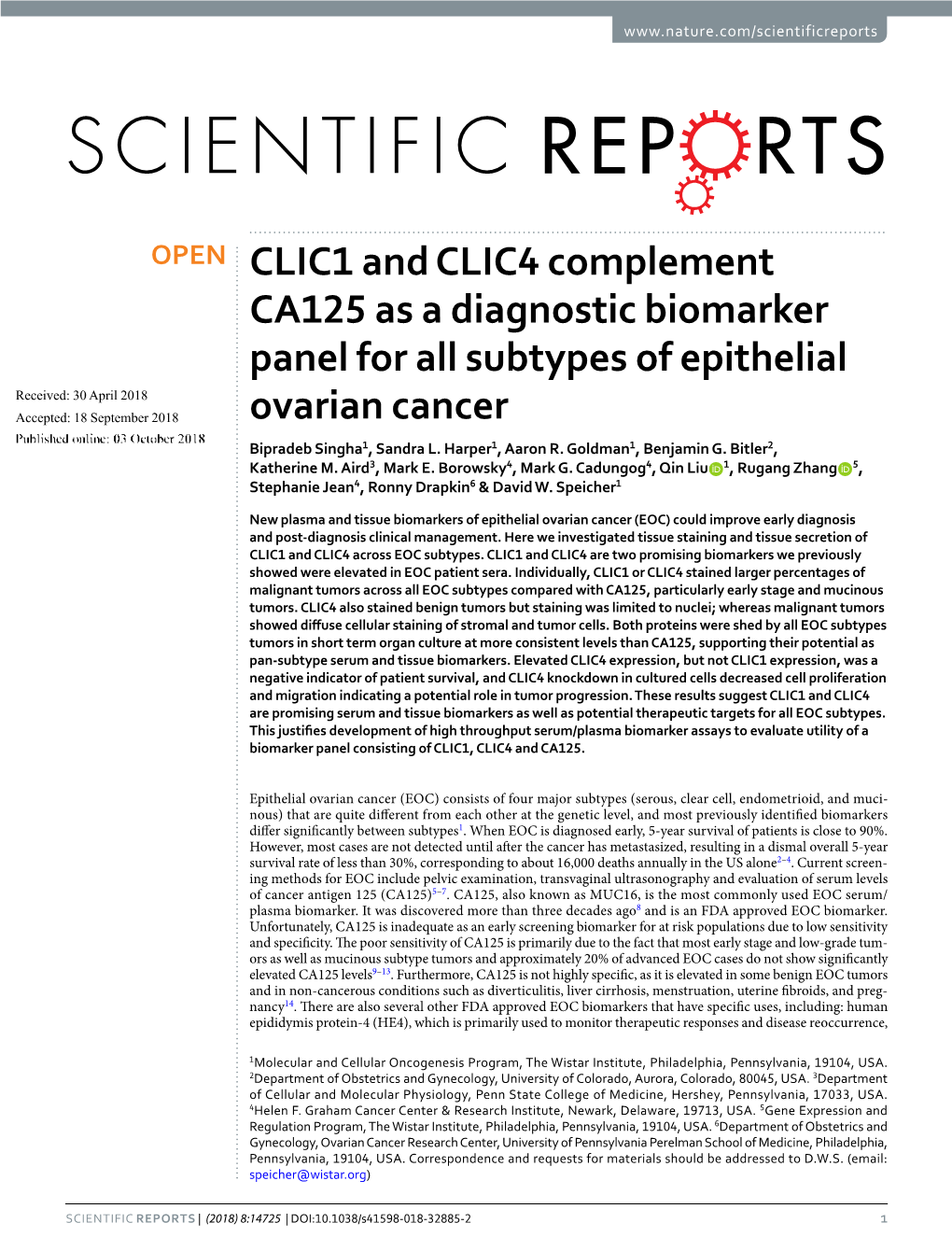 CLIC1 and CLIC4 Complement CA125 As a Diagnostic Biomarker Panel For