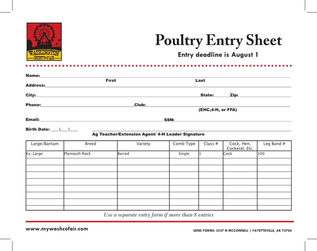 Poultry Entry Sheet Classes