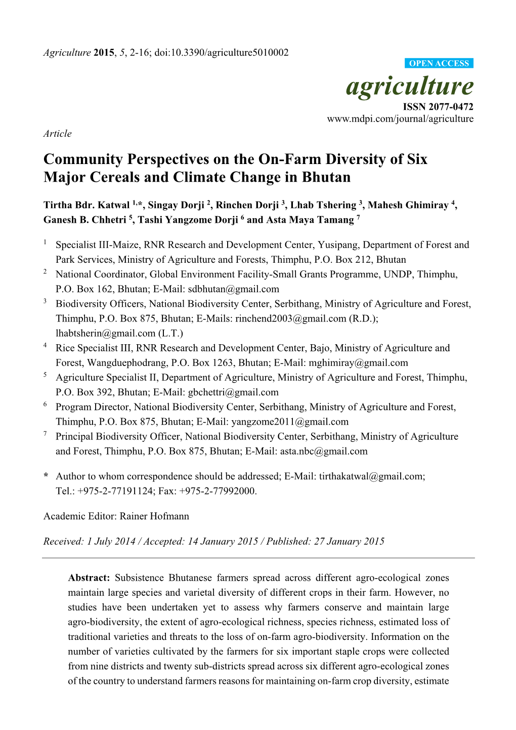 Community Perspectives on the On-Farm Diversity of Six Major Cereals and Climate Change in Bhutan