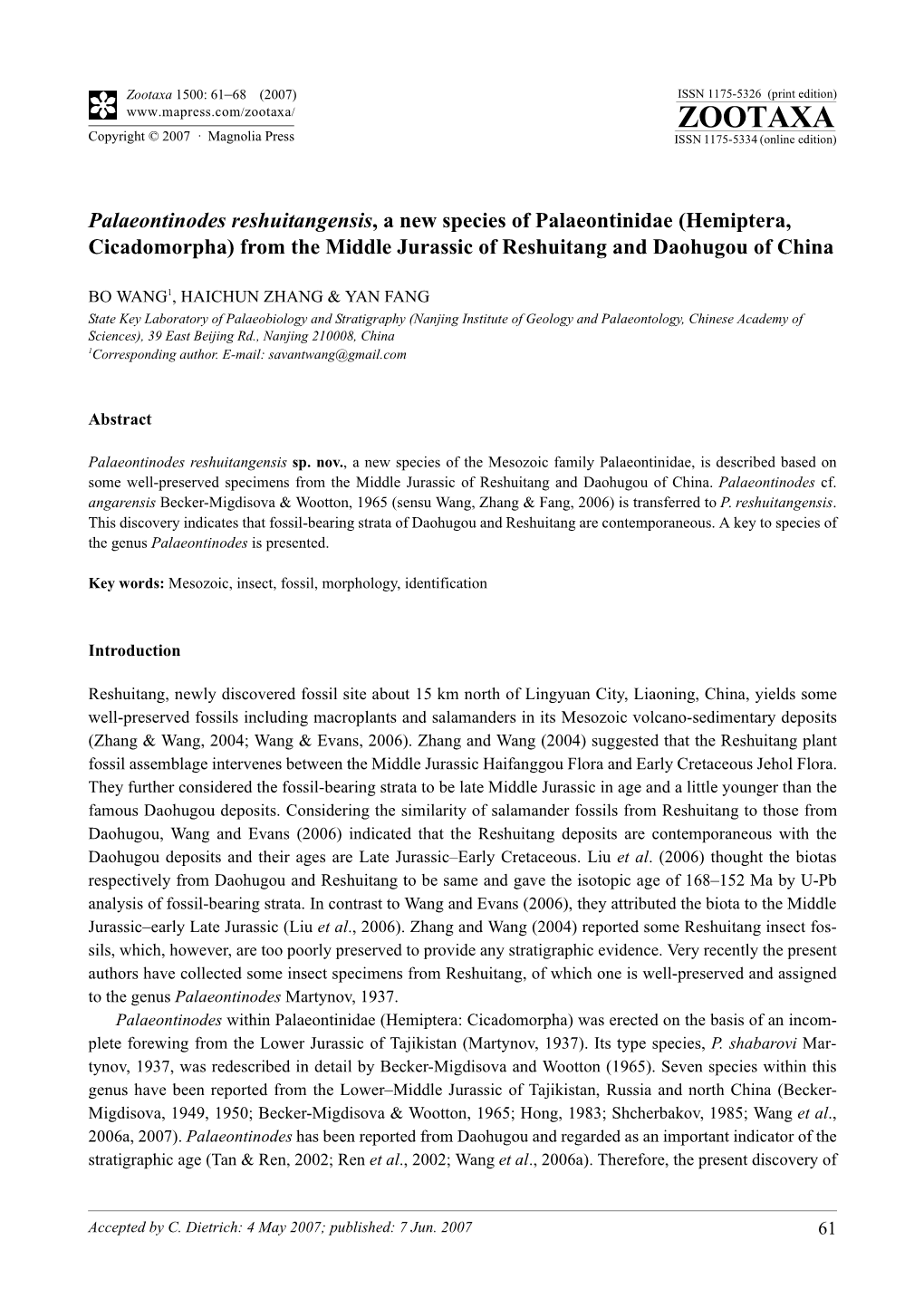 Zootaxa,Palaeontinodes Reshuitangensis, a New Species of Palaeontinidae (Hemiptera