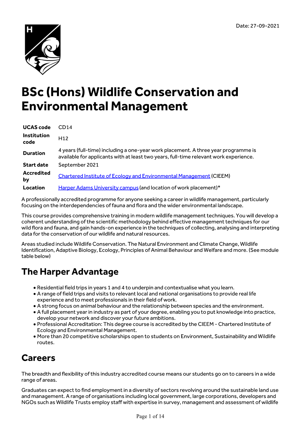 Bsc (Hons) Wildlife Conservation and Environmental Management