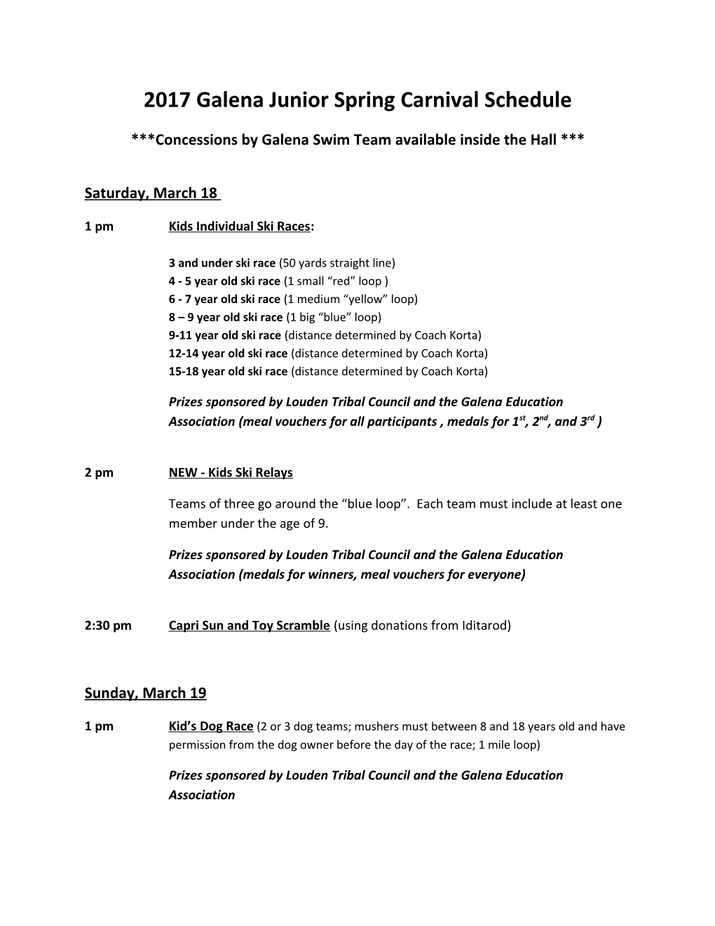 2017 Galena Junior Spring Carnival Schedule