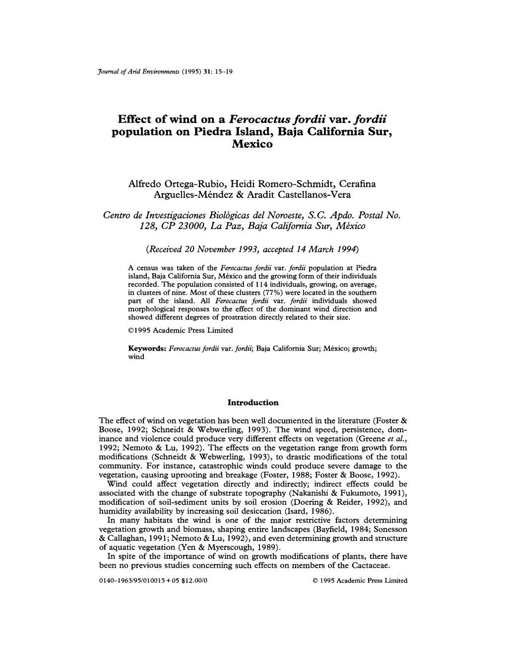 Effect of Wind on a Ferocactus Fordii Var. Fordii Population on Piedra Island, Baja California Sur, Mexico