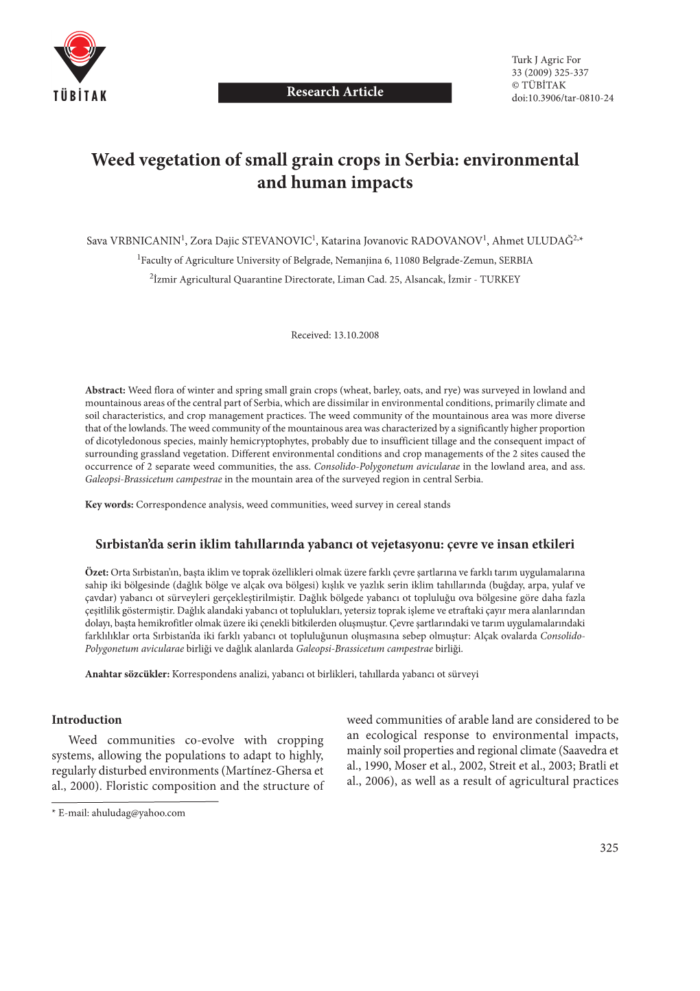 Weed Vegetation of Small Grain Crops in Serbia: Environmental and Human Impacts