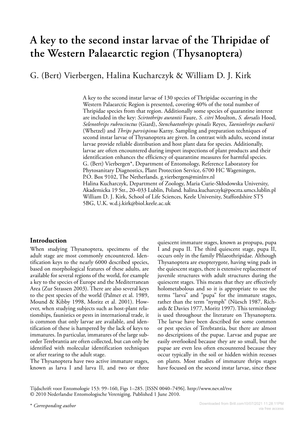 A Key to the Second Instar Larvae of the Thripidae of the Western Palaearctic Region (Thysanoptera)