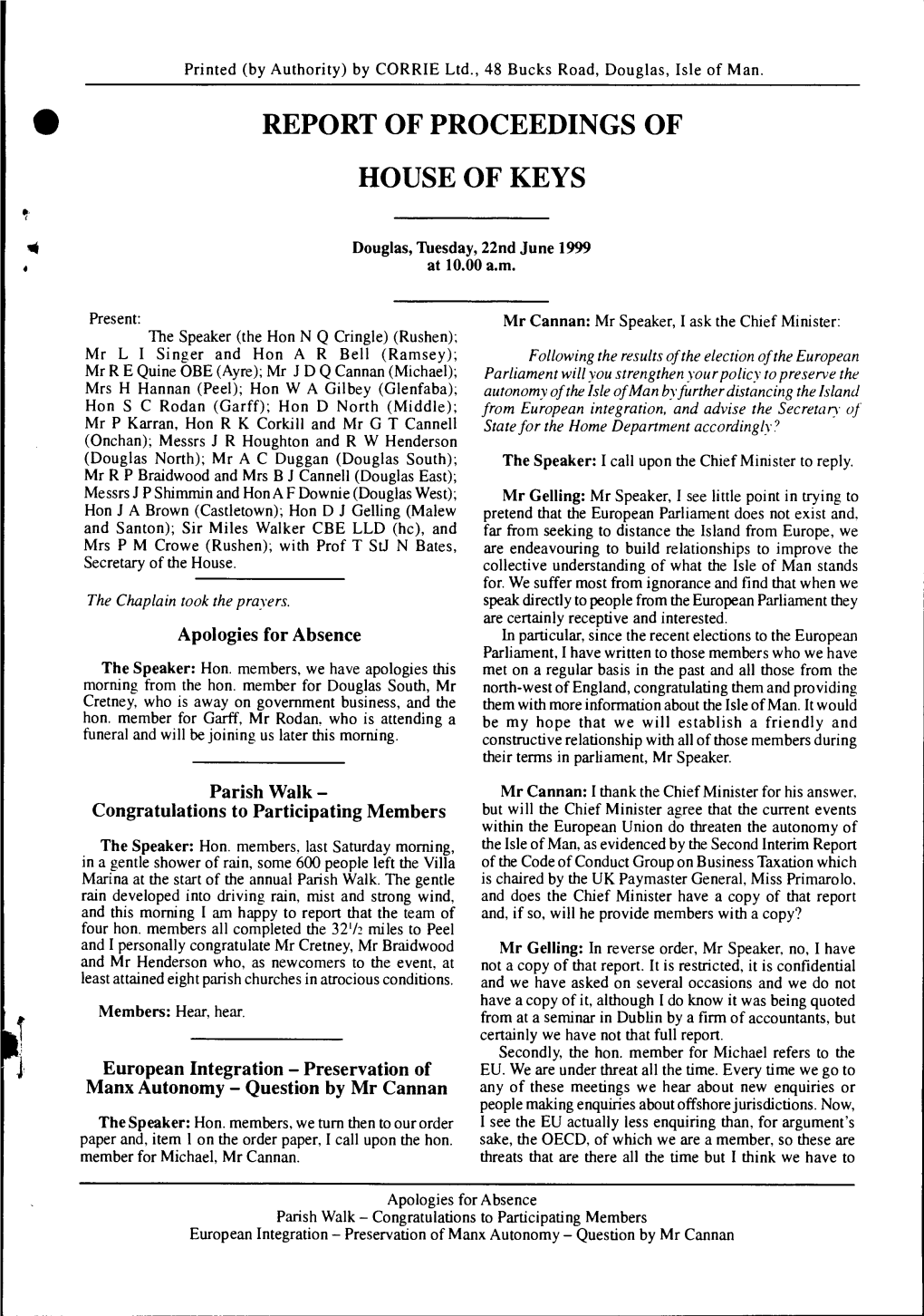 22 Jun 1999 House of Keys Hansard Printed
