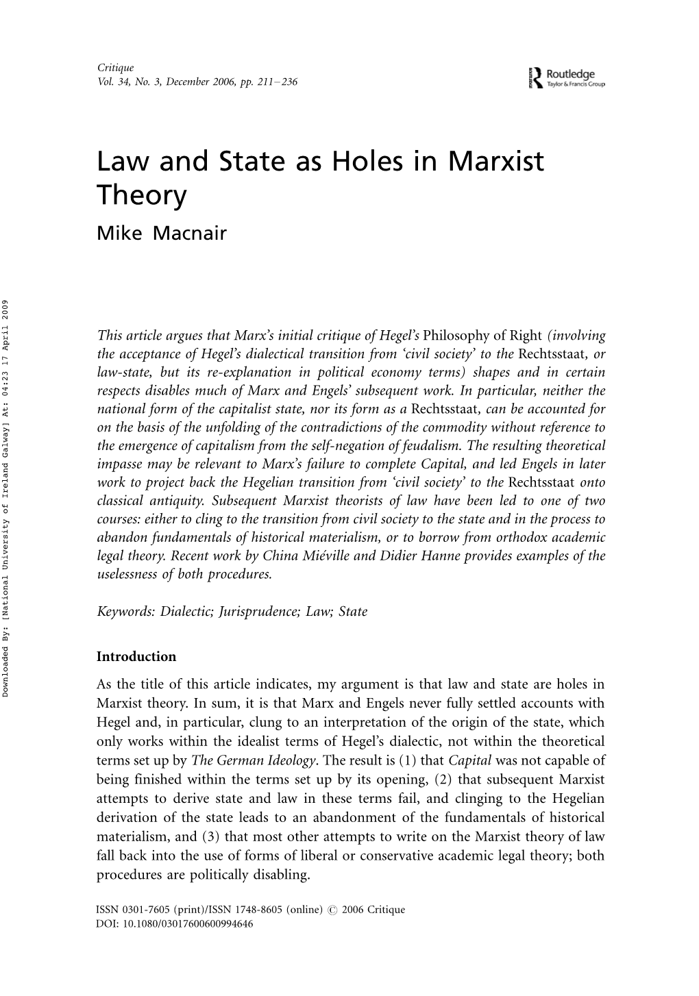 Law and State As Holes in Marxist Theory Mike Macnair