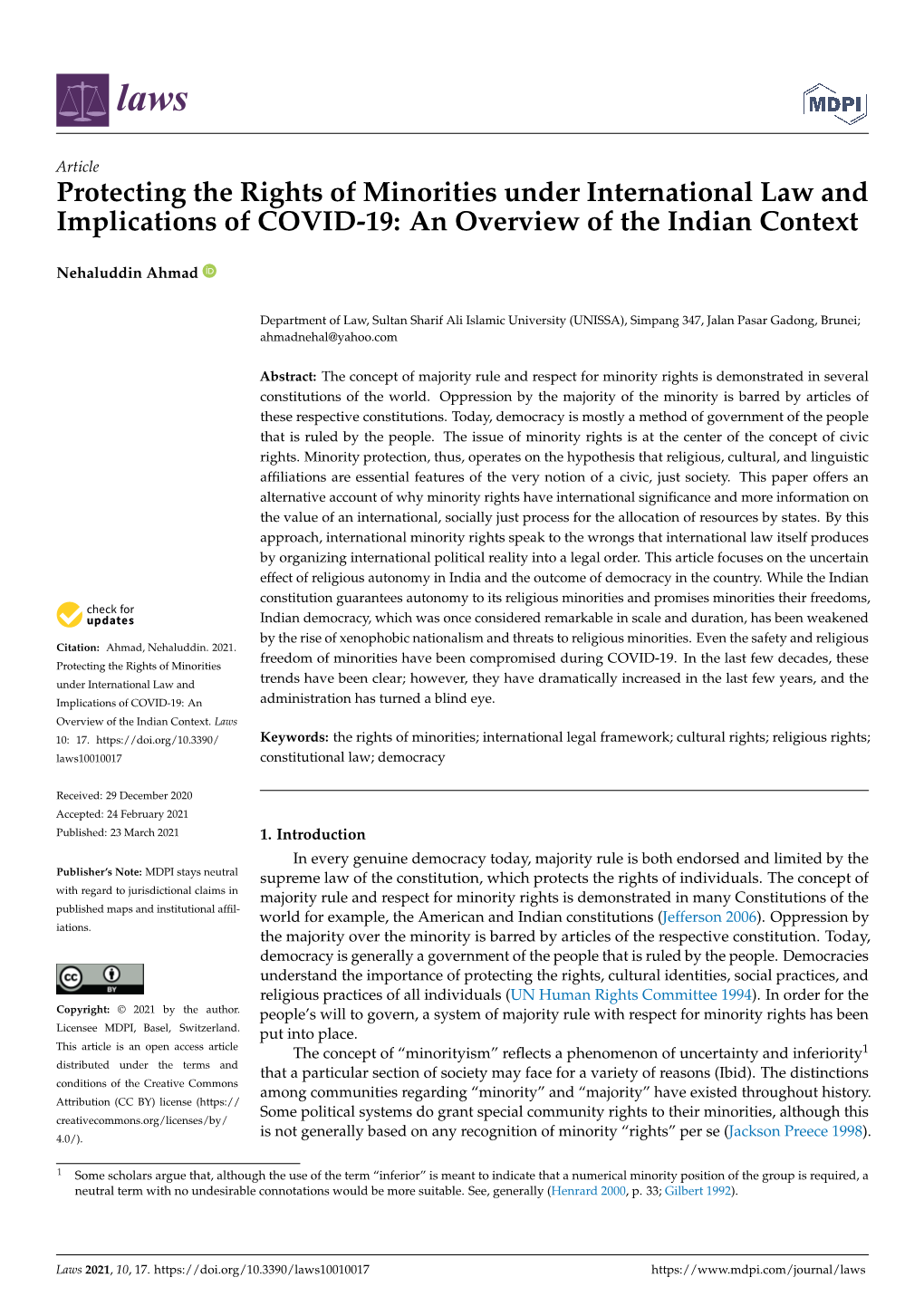 Protecting the Rights of Minorities Under International Law and Implications of COVID-19: an Overview of the Indian Context