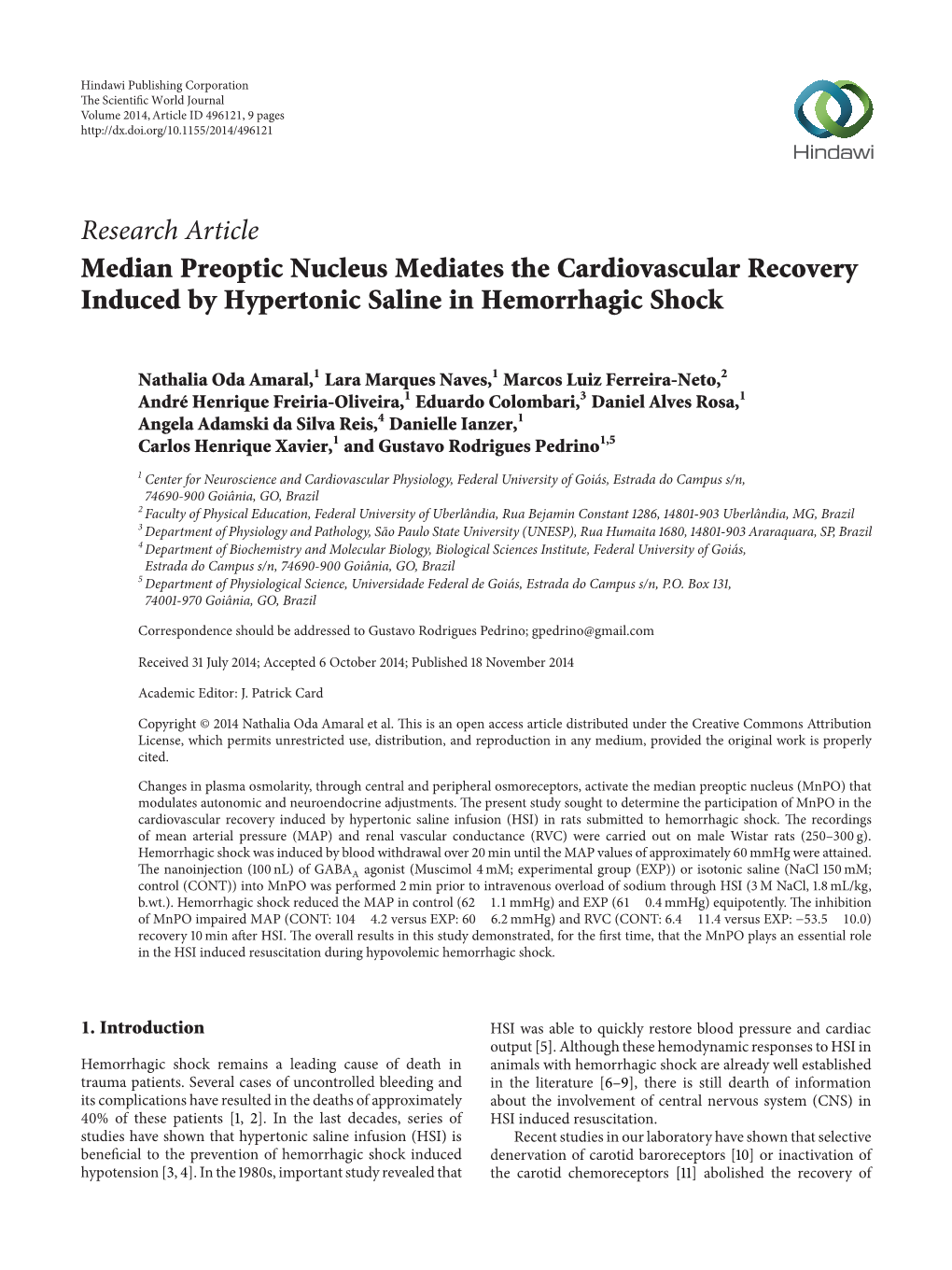 Research Article Median Preoptic Nucleus Mediates the Cardiovascular Recovery Induced by Hypertonic Saline in Hemorrhagic Shock