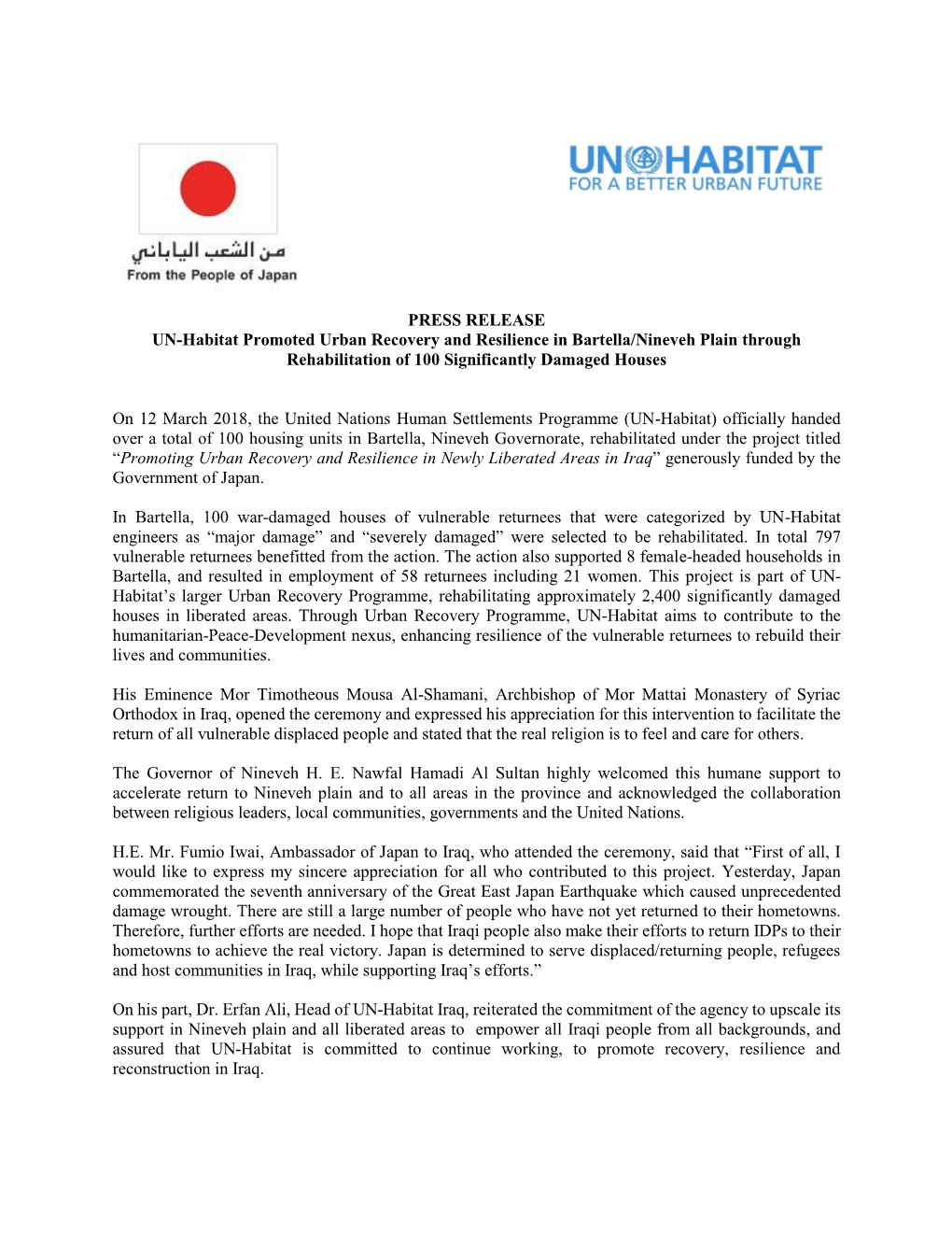 PRESS RELEASE UN-Habitat Promoted Urban Recovery and Resilience in Bartella/Nineveh Plain Through Rehabilitation of 100 Significantly Damaged Houses