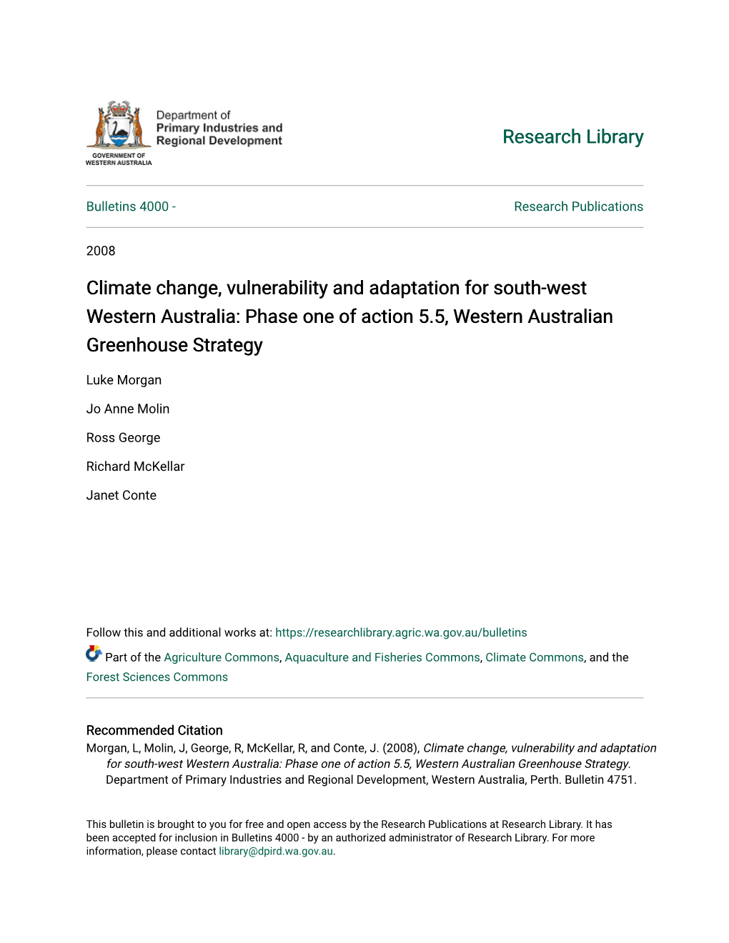 Climate Change, Vulnerability and Adaptation for South-West Western Australia: Phase One of Action 5.5, Western Australian Greenhouse Strategy