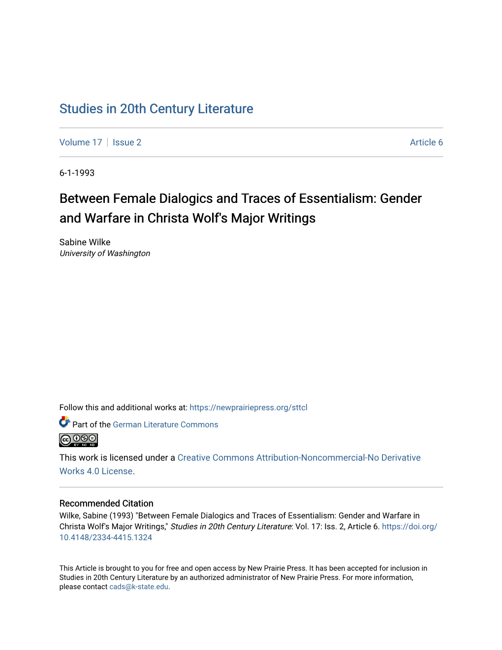 Gender and Warfare in Christa Wolf's Major Writings