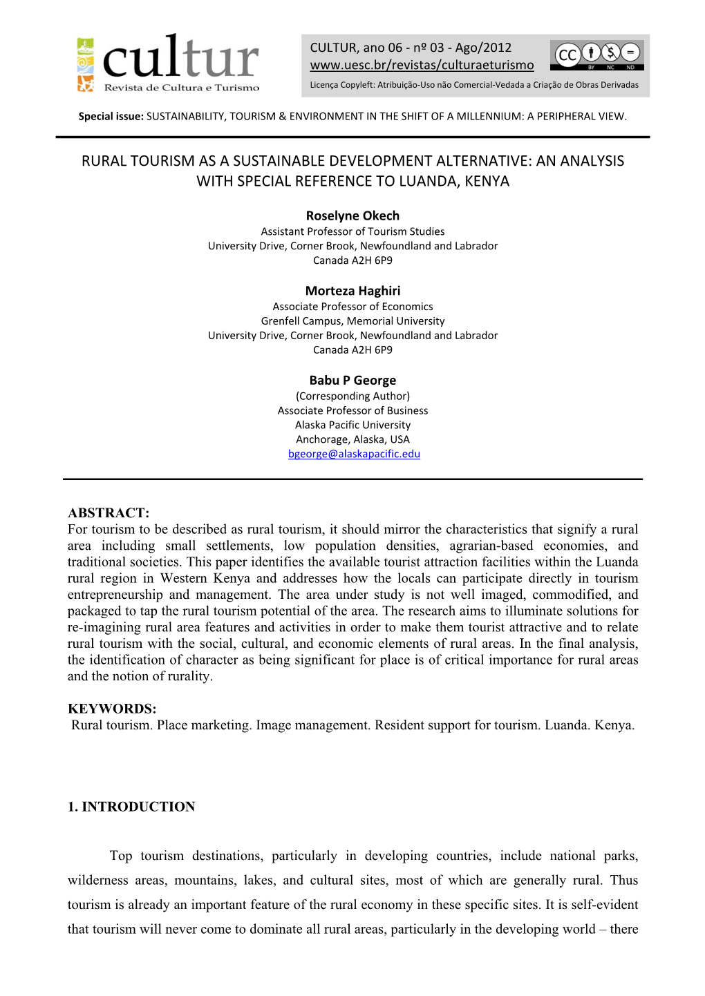 Rural Tourism As a Sustainable Development Alternative: an Analysis with Special Reference to Luanda, Kenya