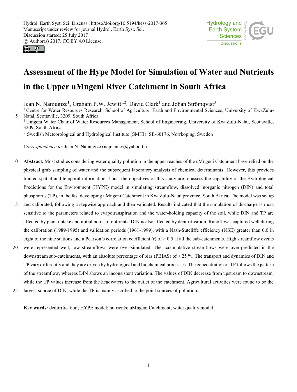 Assessment of the Hype Model for Simulation of Water and Nutrients In