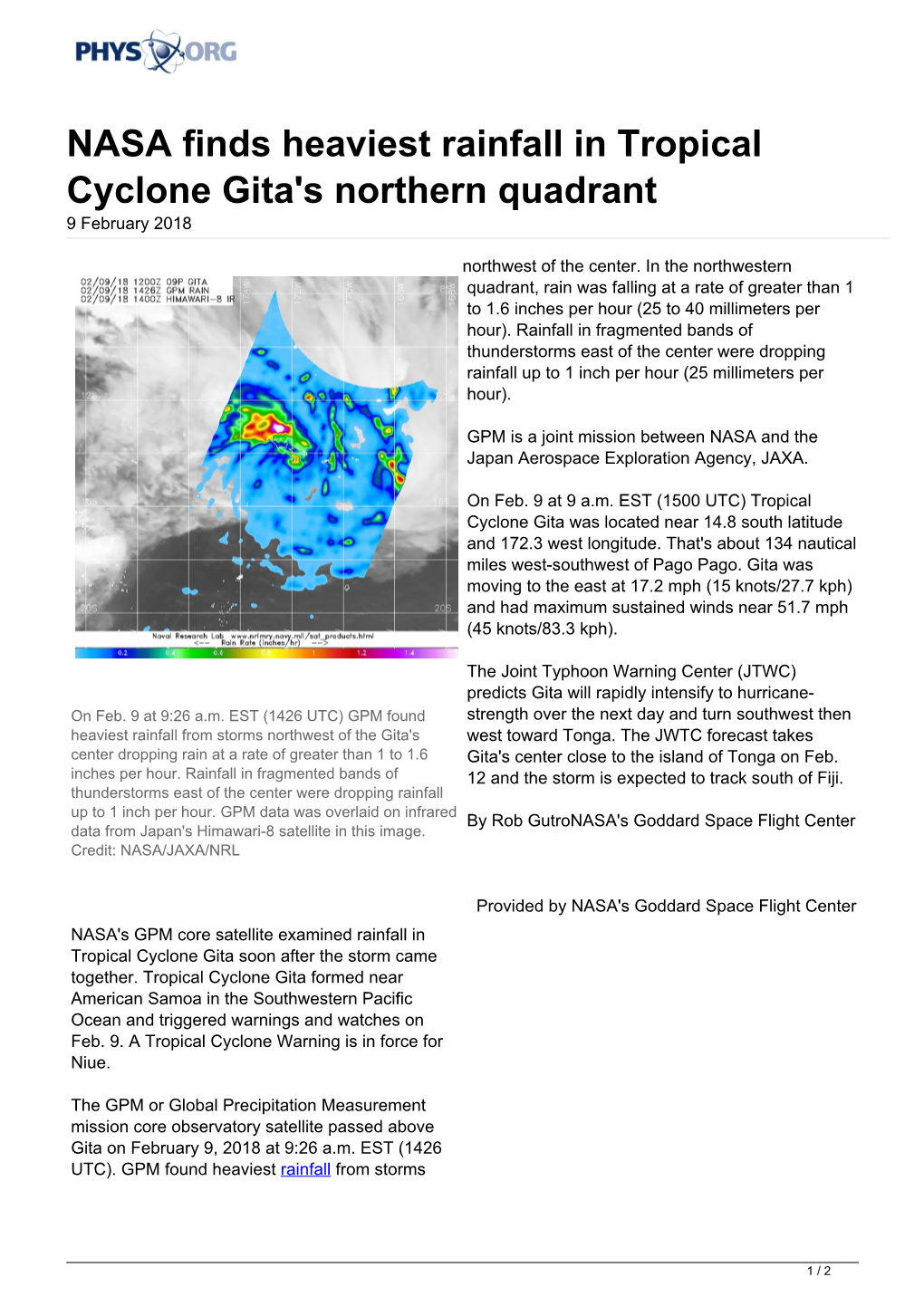 NASA Finds Heaviest Rainfall in Tropical Cyclone Gita's Northern Quadrant 9 February 2018