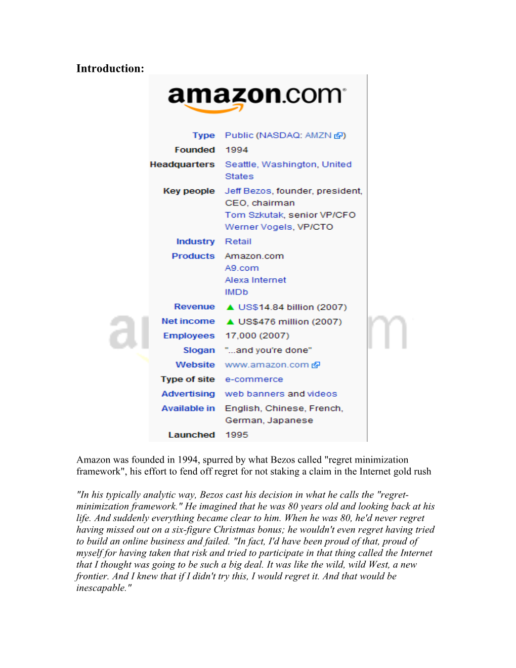 Amazon Was Founded in 1994, Spurred by What Bezos Called "Regret Minimization Framework", His Effort to Fend Off Regre
