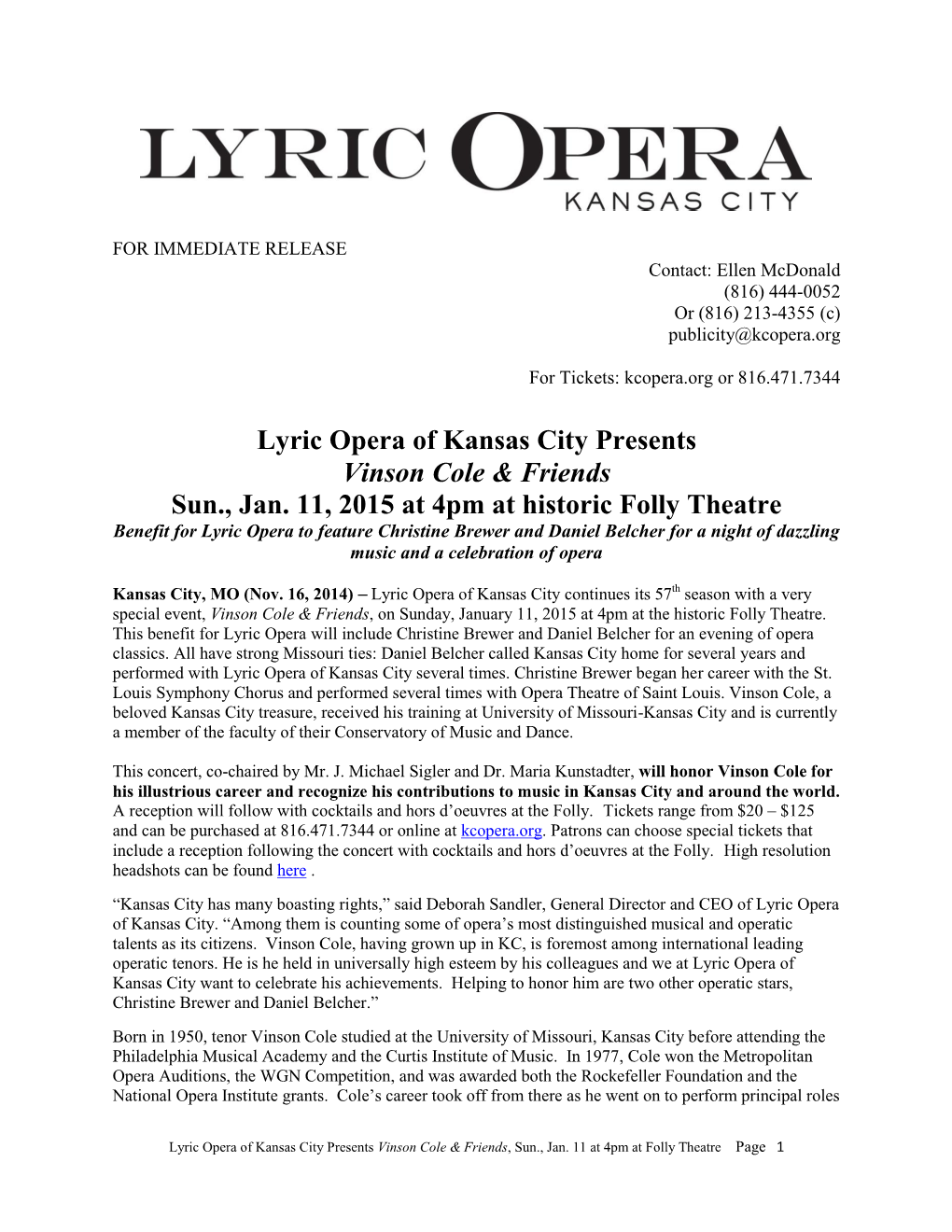 Lyric Opera of Kansas City Presents Vinson Cole & Friends, Sunday