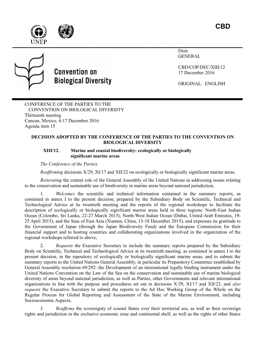 Marine and Coastal Biodiversity: Ecologically Or Biologically Significant Marine Areas