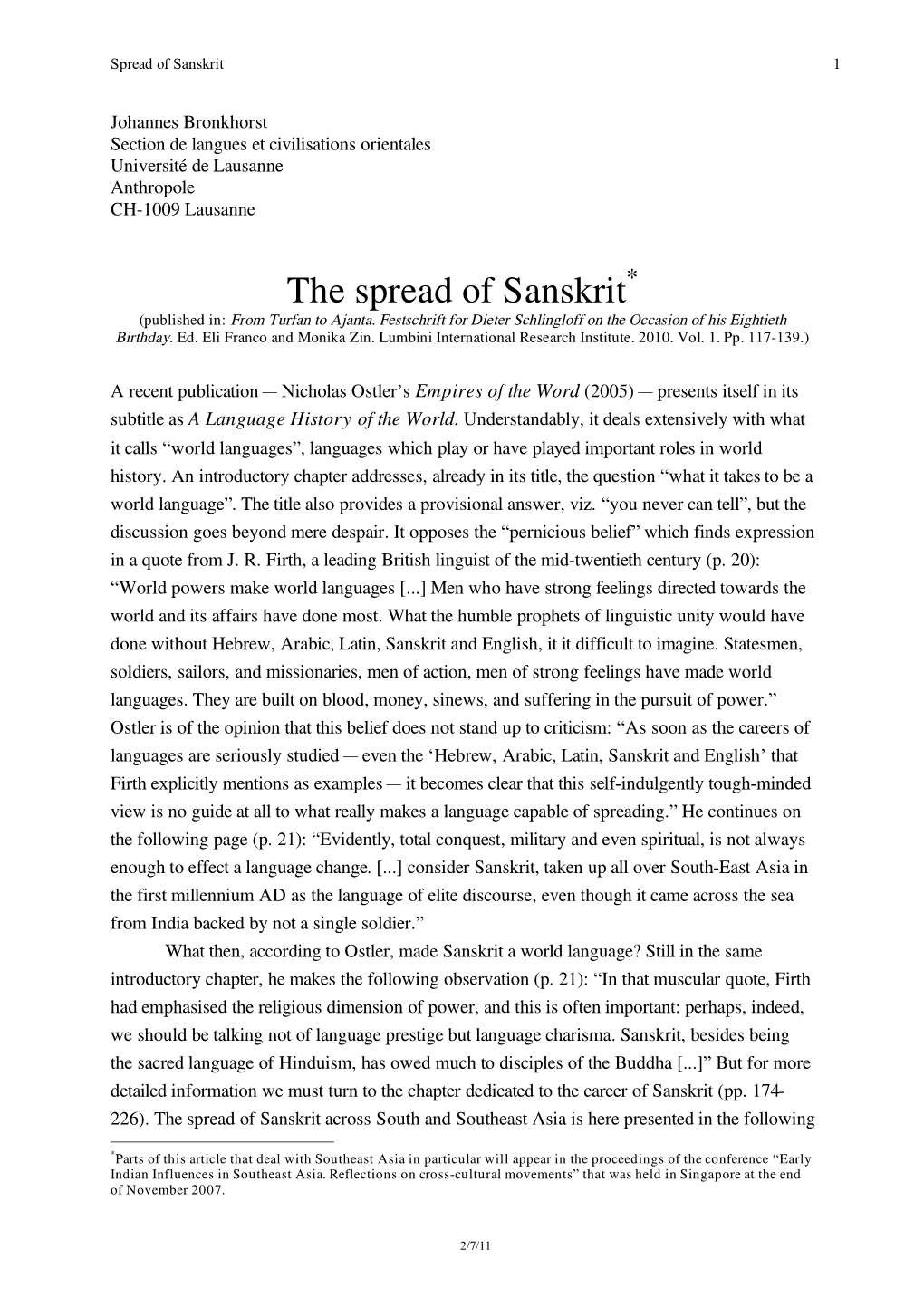 The Spread of Sanskrit* (Published In: from Turfan to Ajanta