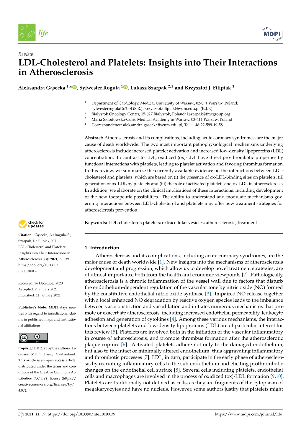 LDL-Cholesterol and Platelets: Insights Into Their Interactions in Atherosclerosis