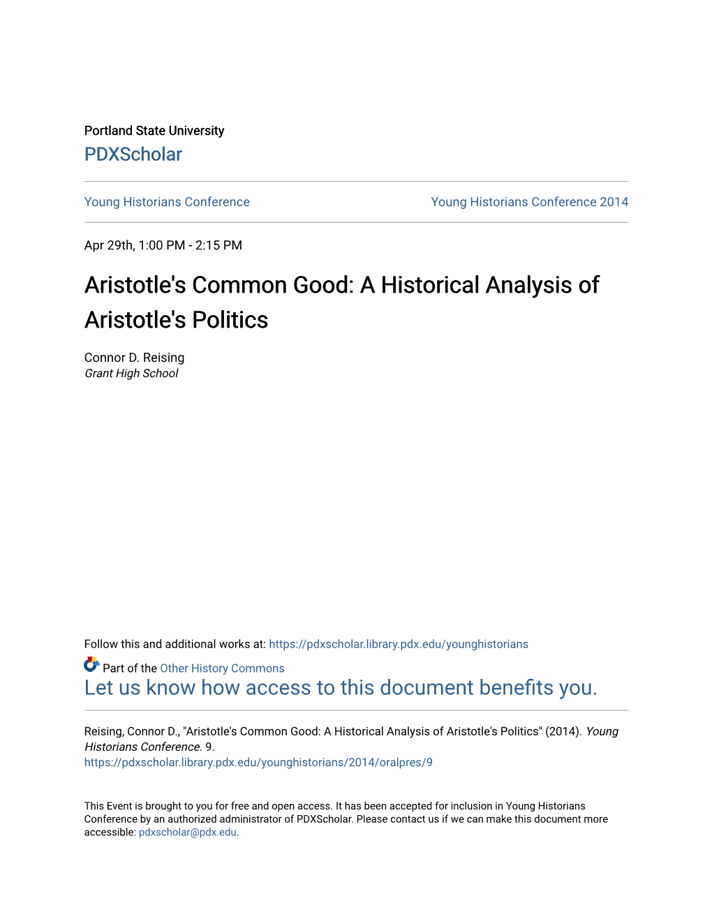 Aristotle's Common Good: a Historical Analysis of Aristotle's Politics