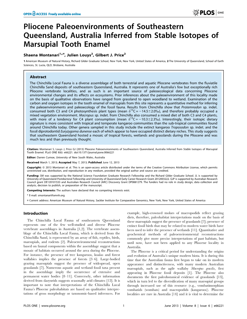 Pliocene Paleoenvironments of Southeastern Queensland, Australia Inferred from Stable Isotopes of Marsupial Tooth Enamel