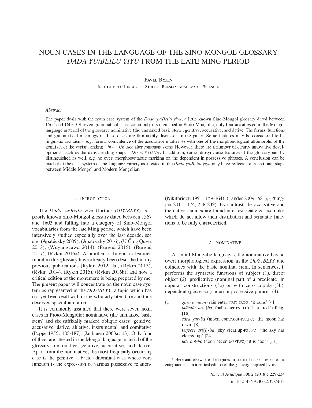 Noun Cases in the Language of the Sino-Mongol Glossary Dada Yu/Beilu Yiyu from the Late Ming Period