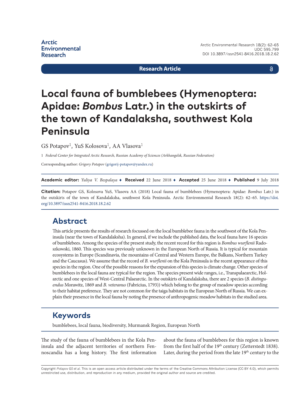 Hymenoptera: Apidae: Bombus Latr.) in the Outskirts of the Town of Kandalaksha, Southwest Kola Peninsula