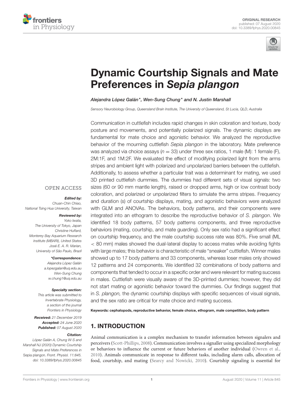 Dynamic Courtship Signals and Mate Preferences in Sepia Plangon