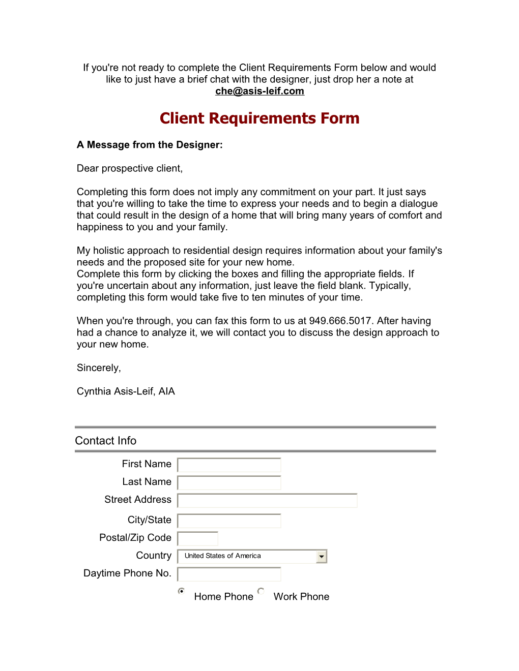 If You're Not Ready to Complete the Client Requirements Form Below and Would Like to Just