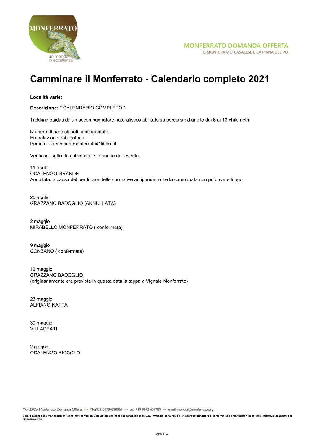 Camminare Il Monferrato - Calendario Completo 2021